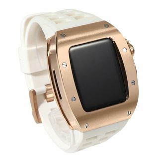 アップルウォッチ(Apple Watch)のアップルウォッチ 高級ケース S４/５/６/ＳＥ【４４ｍｍ】バンド カバー カスタムパーツ ホワイトRubberベルト ローズゴールド ステンレス(その他)