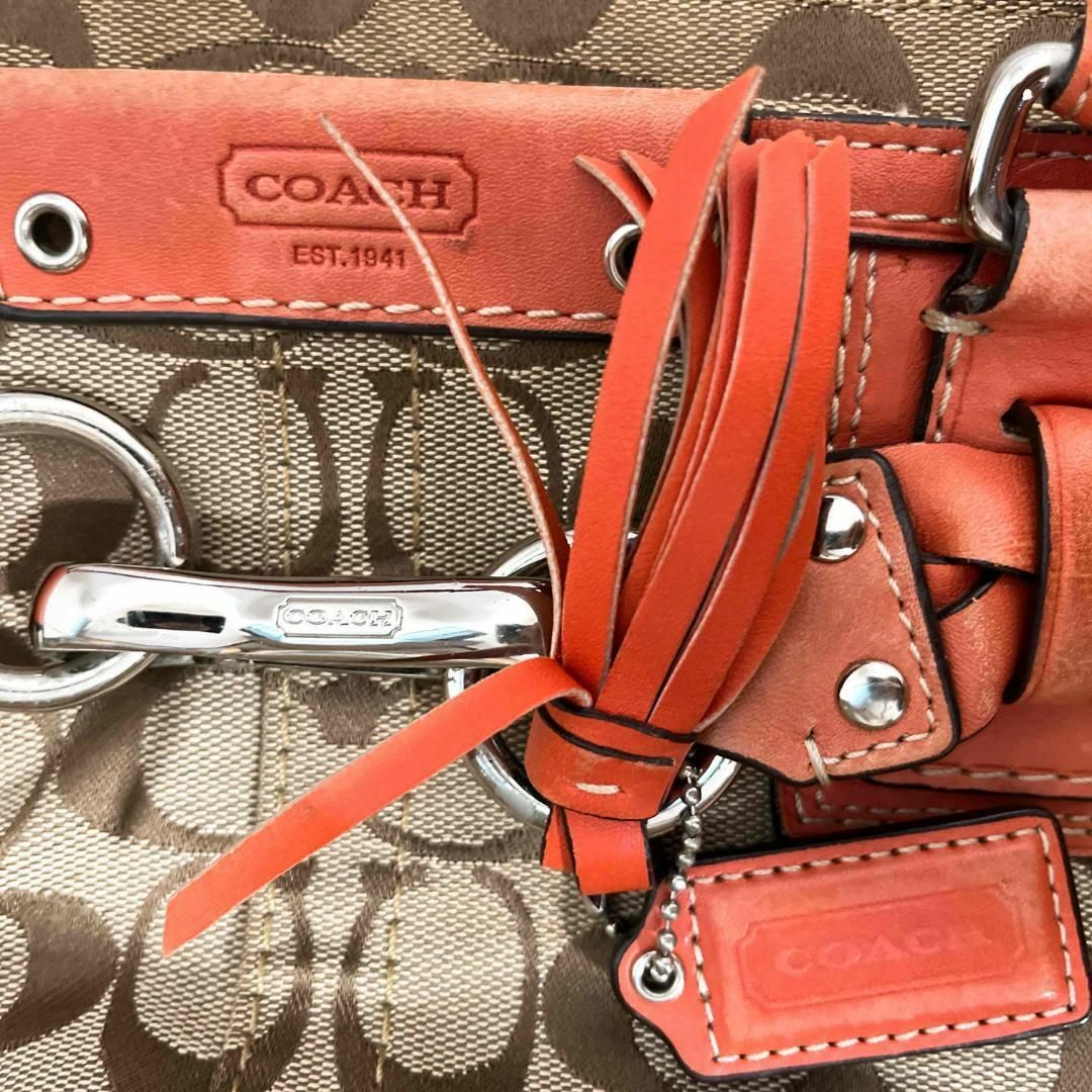 COACH(コーチ)の美品✨COACHコーチハンドバッグトートバッグブラウン茶シグネチャー総柄オレンジ レディースのバッグ(トートバッグ)の商品写真