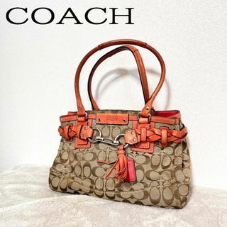 コーチ(COACH)の美品✨COACHコーチハンドバッグトートバッグブラウン茶シグネチャー総柄オレンジ(トートバッグ)