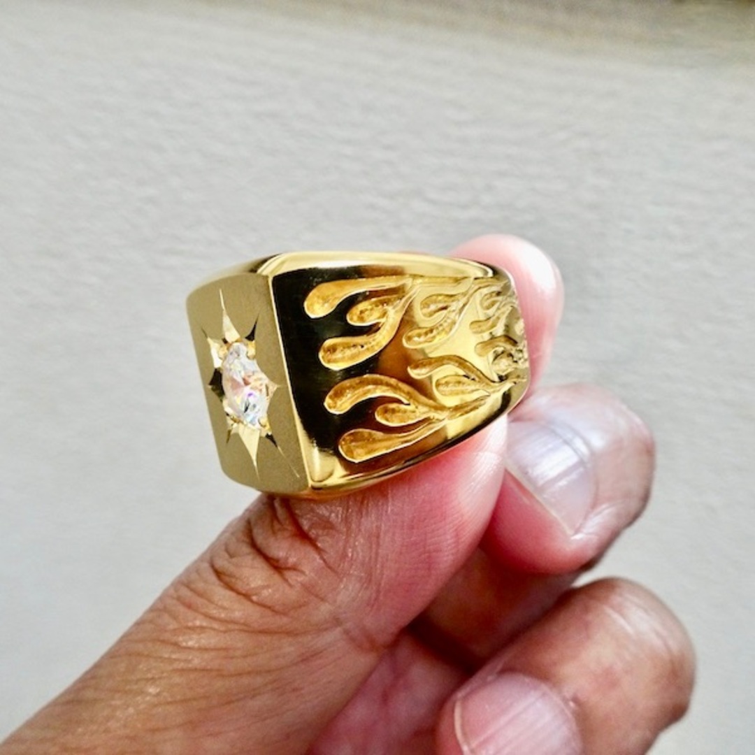 仁尾彫金『一つ星ジルコニア、ファイヤーパターン、ゴールド印台リング』266