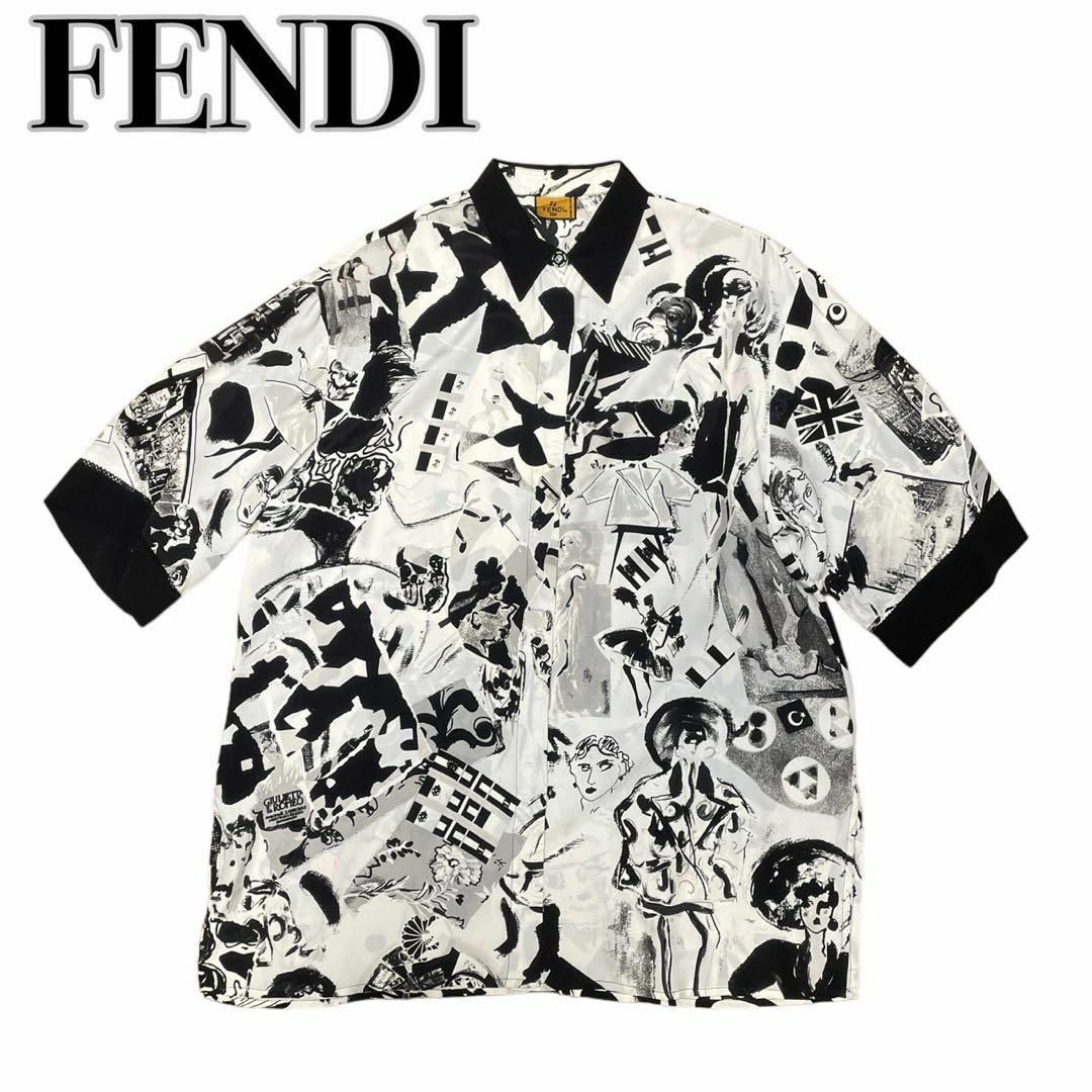 メンズFENDI フェンディ シルク混シャツブラウス 総柄 モノトーン L