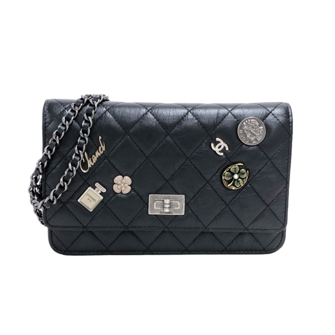 シャネル CHANEL 2.55 アイコン チェーンウォレット A80442 20番台 ブラック シルバー金具 エイジドカーフ レディース ショルダーバッグオープンポケットx1内側