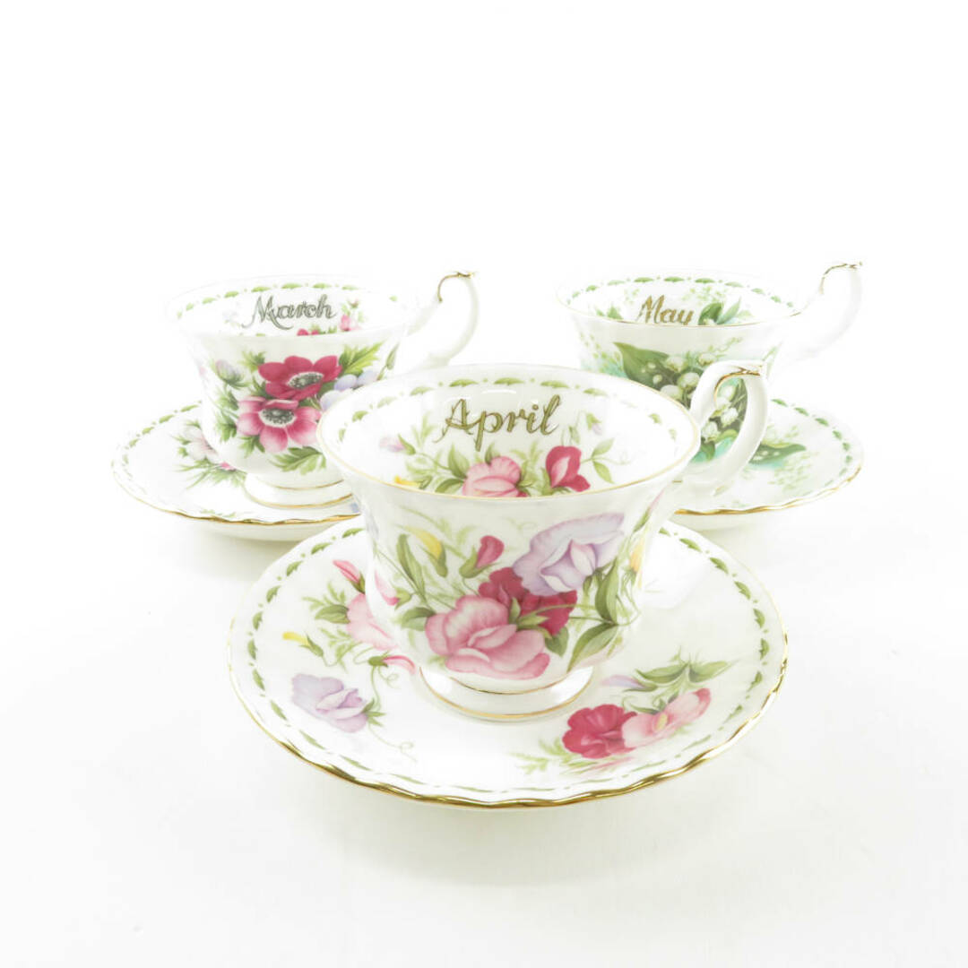 グラス/カップ美品 ROYAL ALBERT ロイヤルアルバート Marchアネモネ Aprilスウィートピー Mayリリーオブザバレー ティーカップ＆ソーサー 3客 セット フラワーオブマンス 3月 4月 5月 花 SU4562X