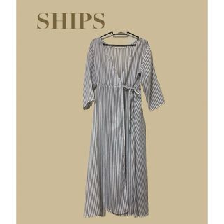 シップス(SHIPS)のSHIPS ロングワンピース　ガウン　カーディガン　ストライプ　白xネイビー　F(ロングワンピース/マキシワンピース)