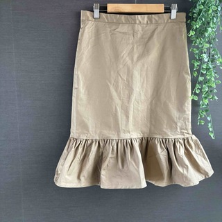 BLANC【L】日本製 フリル 切り替え タイト スカート ブラウン ベージュ(ひざ丈スカート)