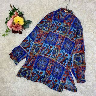 美品レトロ古着vintaget 日本製花柄総柄ゆったりシャツ 青系 レナウン(シャツ)