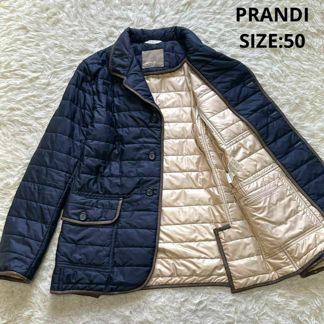 PRANDI イタリア製 レザーパイピングキルティングジャケット 50 ネイビー-