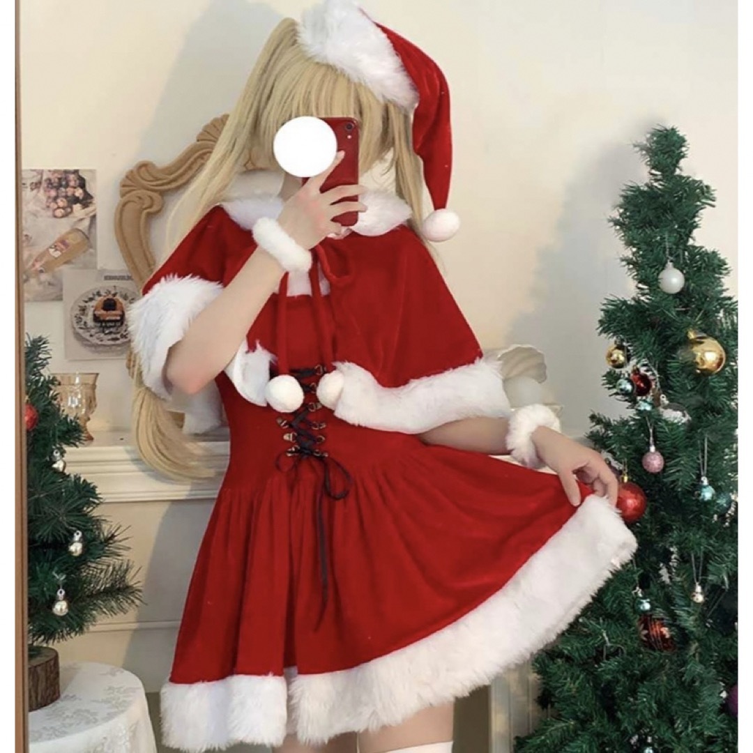 クリスマス ポンチョサンタ ロリータ ポンポン帽子 サンタ 猫耳 ケープなし エンタメ/ホビーのコスプレ(衣装一式)の商品写真