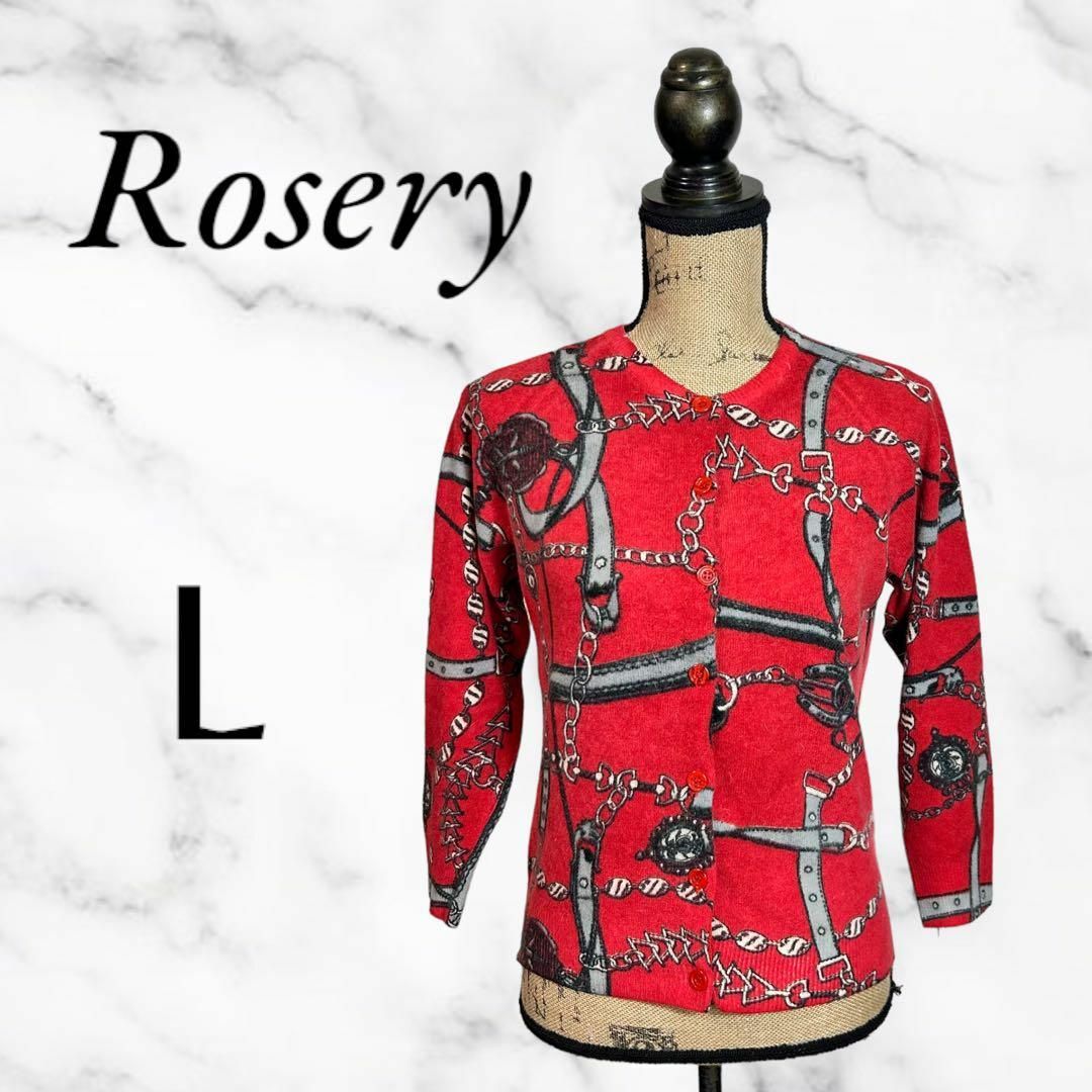 【Rosery】ウールカーディガン　クルーネック　七分袖　スカーフ柄　レッド　L レディースのトップス(カーディガン)の商品写真