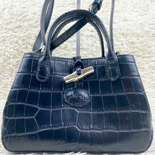 ロンシャン(LONGCHAMP)の未使用 ロンシャン ロゾ クロコ型押し 2way 金具 ショルダー レザー 黒(ショルダーバッグ)