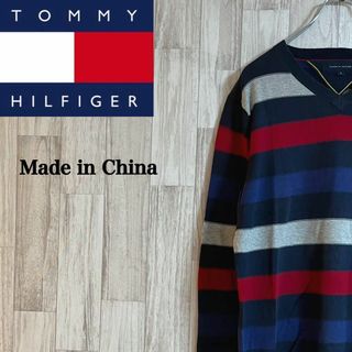 トミーヒルフィガー(TOMMY HILFIGER)のトミー　ボーダー　ニット　Ｖネック　セーター　中国製　ユニセックス(ニット/セーター)