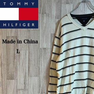 トミーヒルフィガー(TOMMY HILFIGER)のトミー　ニット　セーター　ロゴ入り　ボーダー　Ｖネック　ユニセックス　中国製(ニット/セーター)