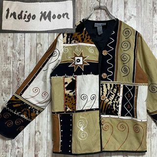 indigo moonジャケット　刺繍入り　アメリカ古着　XS 総柄エスニック(ノーカラージャケット)