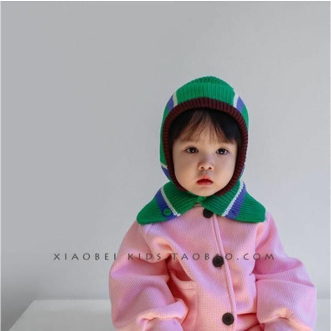 グリーン！バラクラバ ボーダー　子供 帽子　人気 可愛い 韓国 キッズ/ベビー/マタニティのこども用ファッション小物(帽子)の商品写真