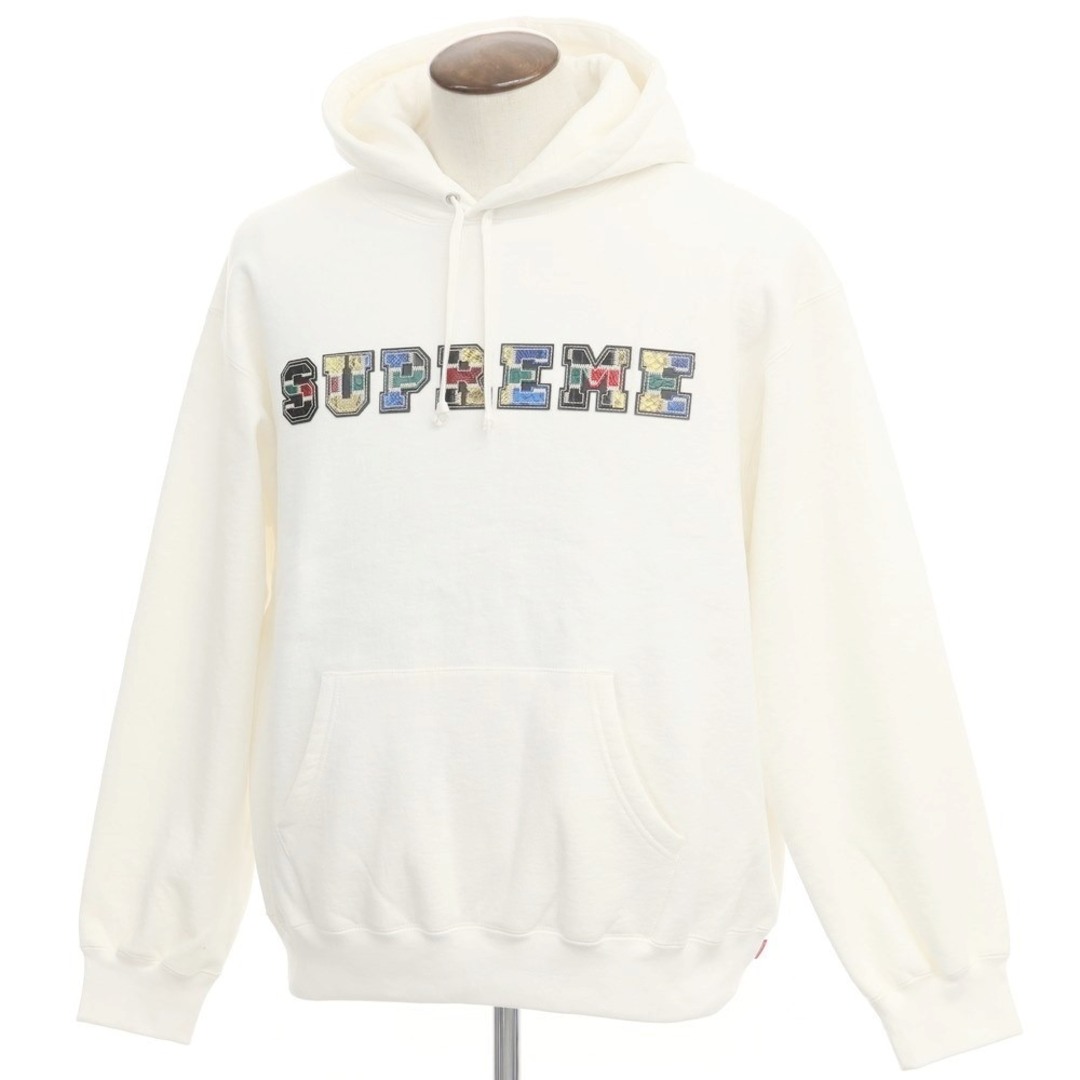 Supreme(シュプリーム)の【中古】シュプリーム Supreme 2023年秋冬 Collegiate Patchwork Leather Hooded Sweatshirt プルオーバー スウェットパーカー ホワイト【サイズL】【メンズ】 メンズのトップス(パーカー)の商品写真