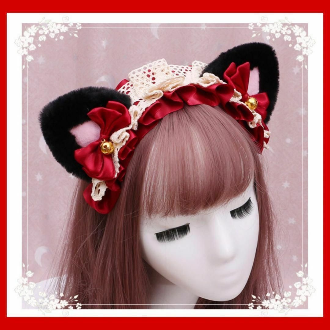猫耳 ねこ耳 カチューシャ 髪飾り ヘッドドレス リボン コスプレ ふわふわ 赤 エンタメ/ホビーのコスプレ(アクセサリー)の商品写真