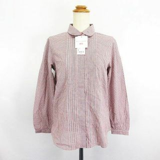 ユニクロ(UNIQLO)のユニクロ シャツ 長袖 チェック タックプリーツ 比翼 コットンローン S 赤(シャツ/ブラウス(長袖/七分))