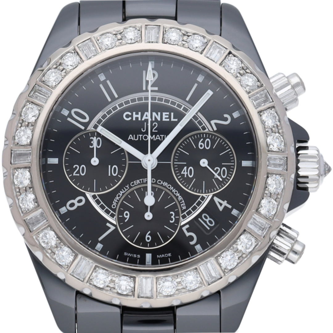 CHANEL(シャネル)のシャネル J12 41mm ゴールド クロノグラフ ラージダイヤ・バケットダイヤベゼル  メーカーOH(保証期間中) J12 41mm Chronograph H1176 箱 保証書 修理書 K18WG/セラミック メンズ時計 ブラック OH・仕上げ済 美品 【中古】 メンズの時計(その他)の商品写真