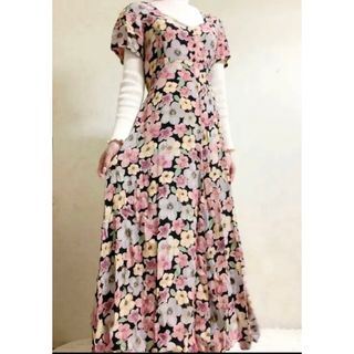 ビンテージワンピース インド vintage 花柄 ブラック(ロングワンピース/マキシワンピース)