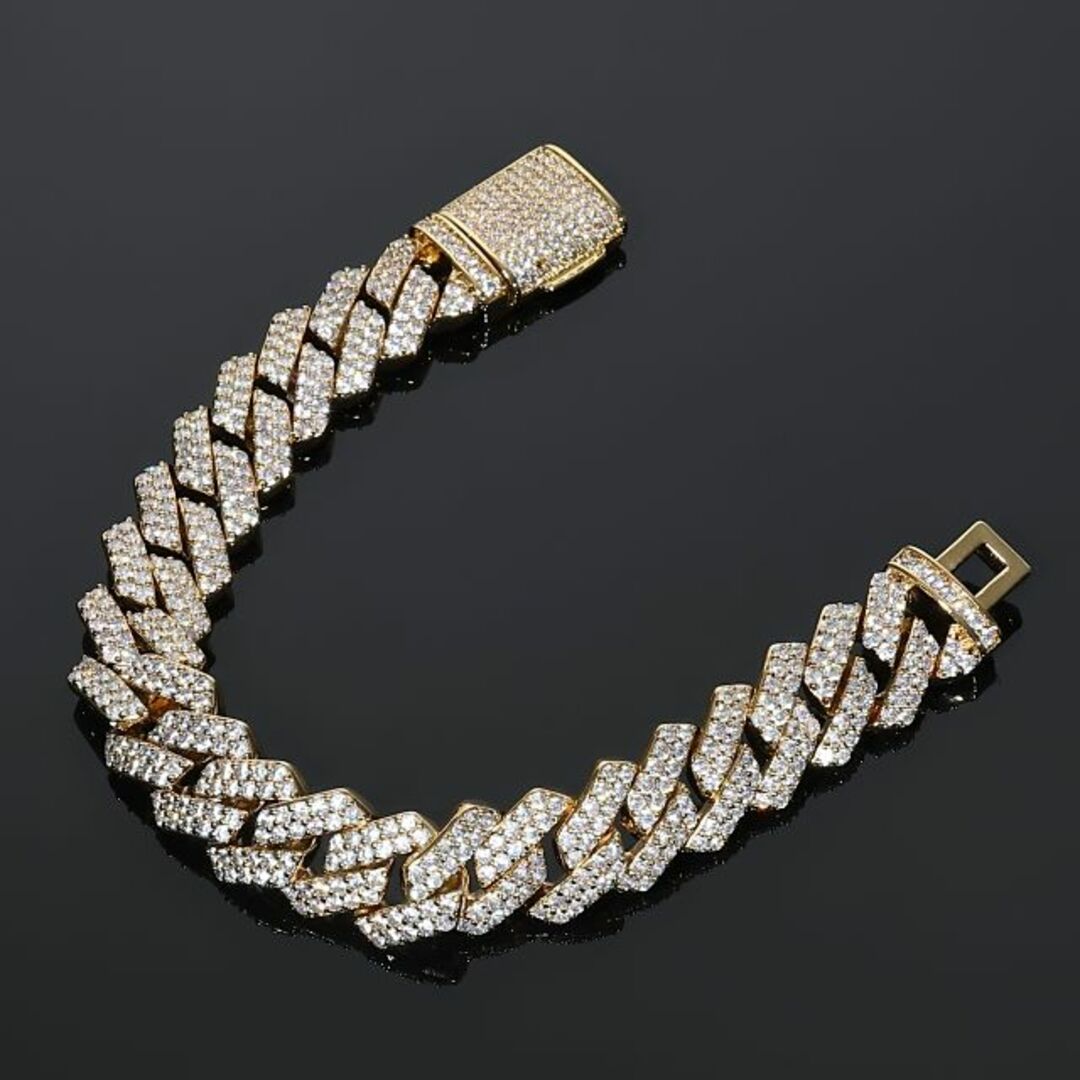 CZダイヤストーンセッティングマイアミキューバンブレスレット 幅１４ｍｍ CZダイヤ(キュービック・ジルコニア) MIAMI BRACELET イエローゴールドブレス