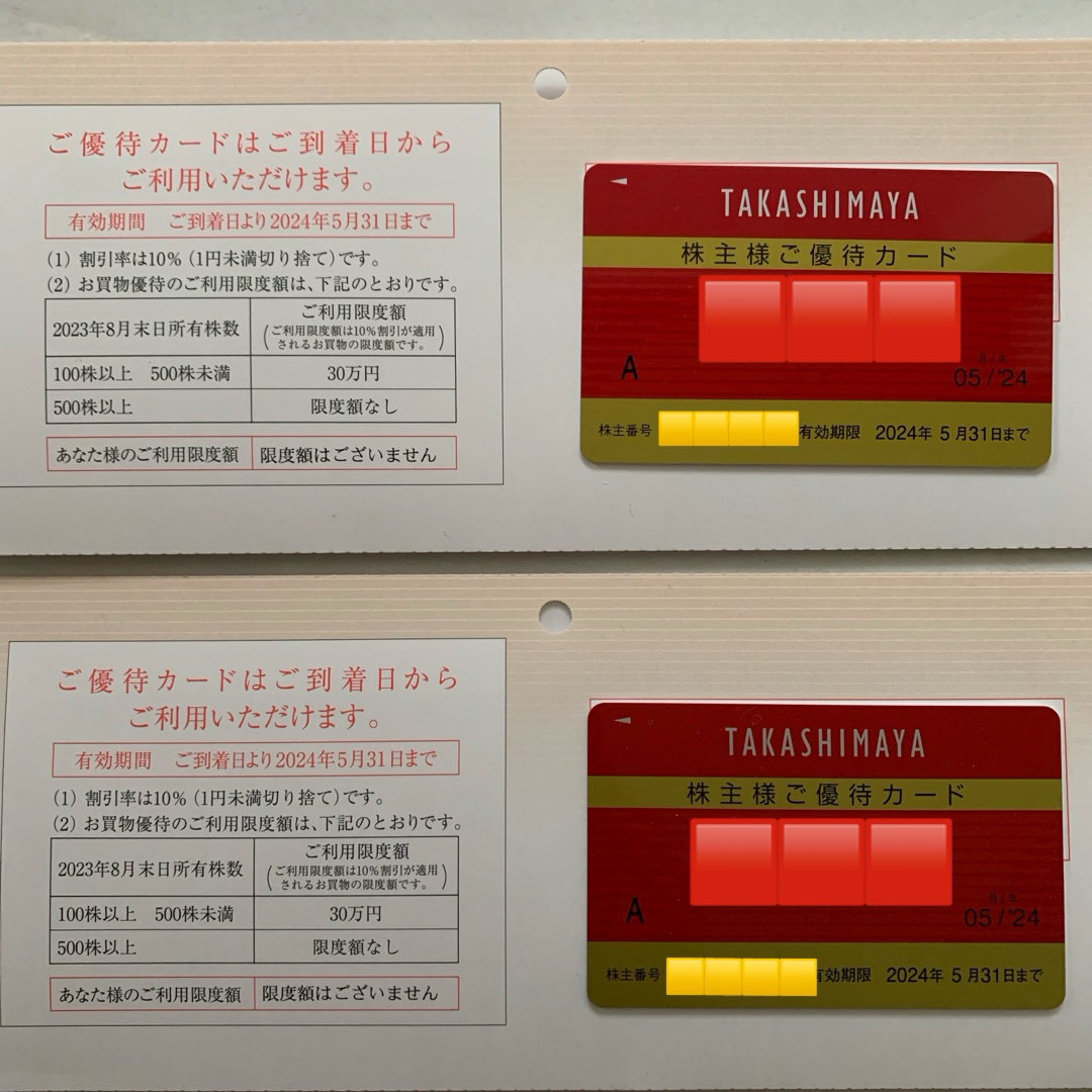 ショッピング高島屋 株主優待 優待カード 2枚（限度額なし）