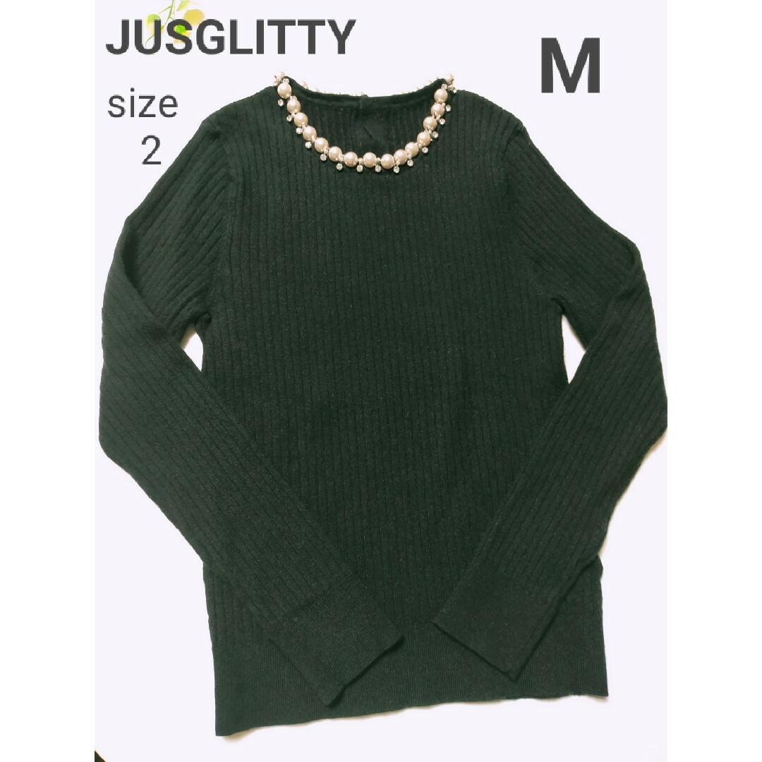 JUSGLITTY(ジャスグリッティー)の美品✨️JUSGLITTY パールビジュー付き リブニット  M レディースのトップス(ニット/セーター)の商品写真