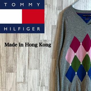 トミーヒルフィガー(TOMMY HILFIGER)のトミーヒルフィガーセーター　ニット　香港製　アーガイル柄　グレー　ユニセックス(ニット/セーター)