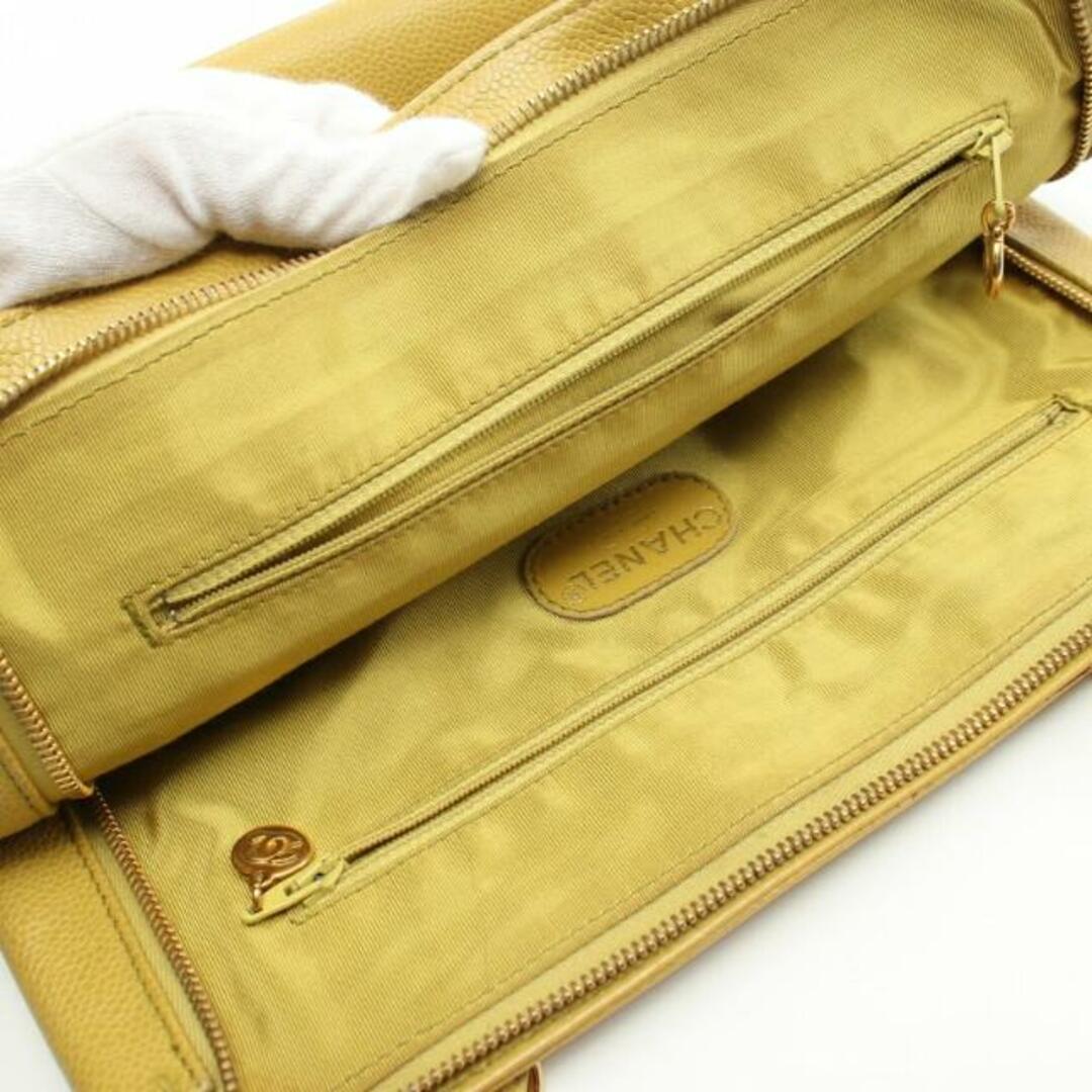 10cm持ち手チェーンハンドバッグ キャビアスキン イエローグリーン ゴールド金具 ロゴ刺繍