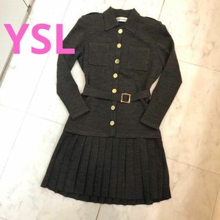 イヴサンローラン(Yves Saint Laurent)の☆未使用品☆YSL　ニット　ワンピース　プリーツ　ベルト付き　グレー(ひざ丈ワンピース)