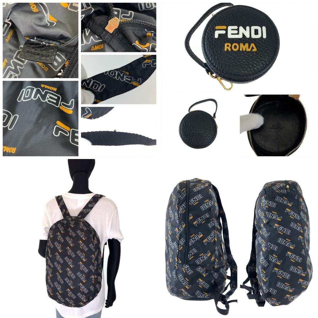 FENDI(フェンディ)の美品 FENDI フェンディ フィラコラボ ポーチ付き ブラック 黒 ナイロン リュック エコバッグ 折り畳みリュック 男女兼用 402957 【中古】 レディースのバッグ(リュック/バックパック)の商品写真