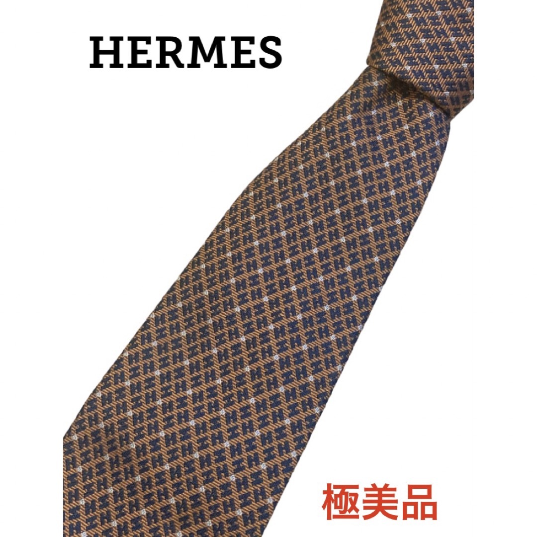 チェック付属品HERMES オレンジ H柄 レギュラー ネクタイ ファソネ エルメス チェック