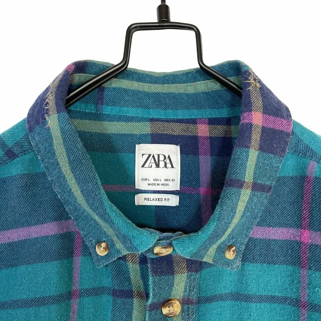 ZARA(ザラ)のY2K 好配色 ダメージ チェック ネルシャツ 長袖 グリーン L  グランジ メンズのトップス(シャツ)の商品写真