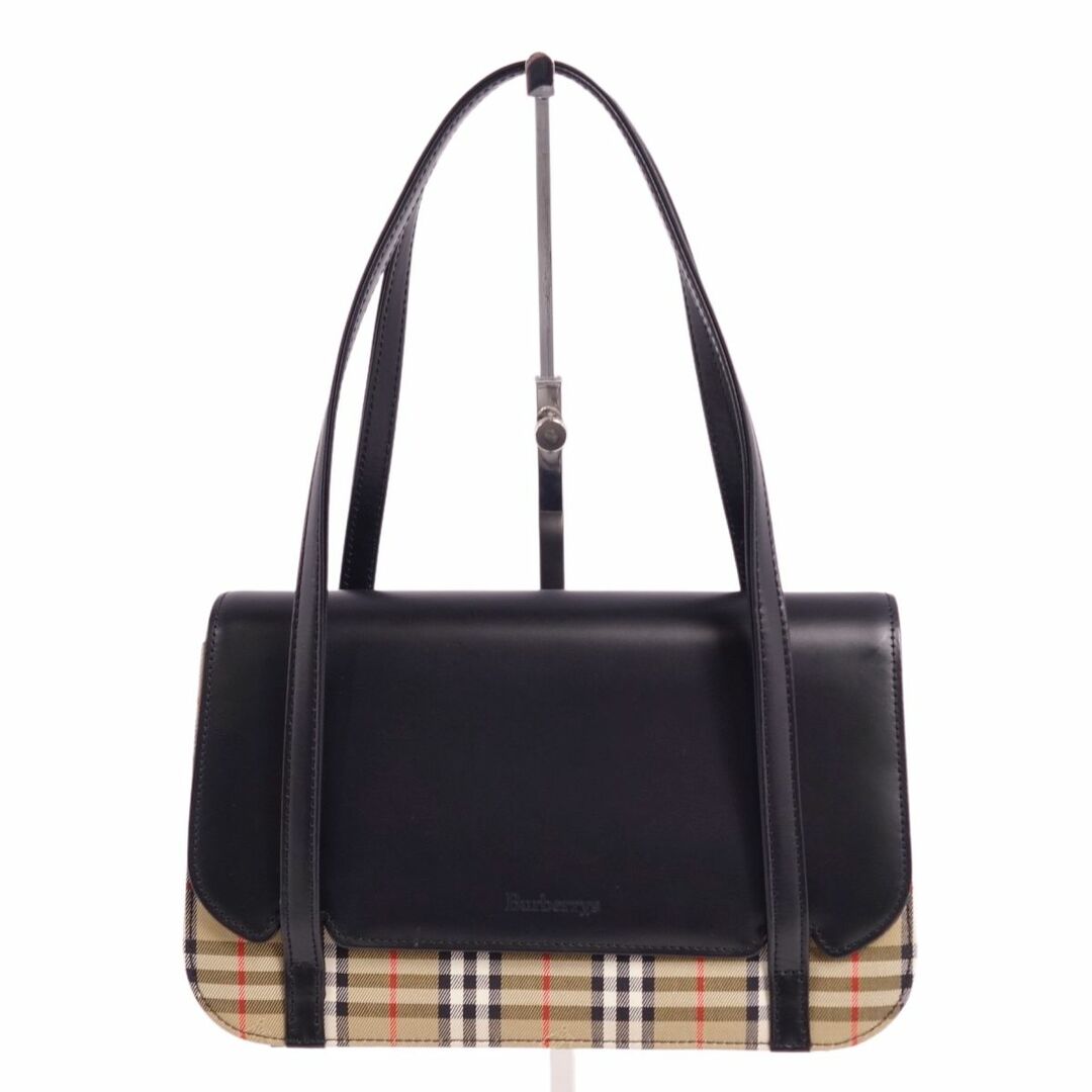 BURBERRY(バーバリー)の美品 Vintage バーバリー Burberrys バッグ ハンドバッグ チェック柄 カーフレザー キャンバス カバン レディース ブラック/ブラウン レディースのバッグ(ハンドバッグ)の商品写真