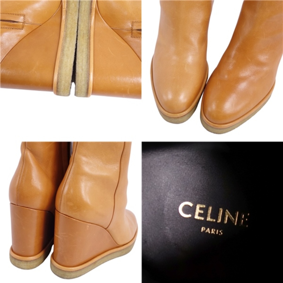 セリーヌ CELINE ブーツ ショートブーツ ウェッジソール サイドジップ カーフレザー シューズ レディース 38(25cm相当) ブラウン