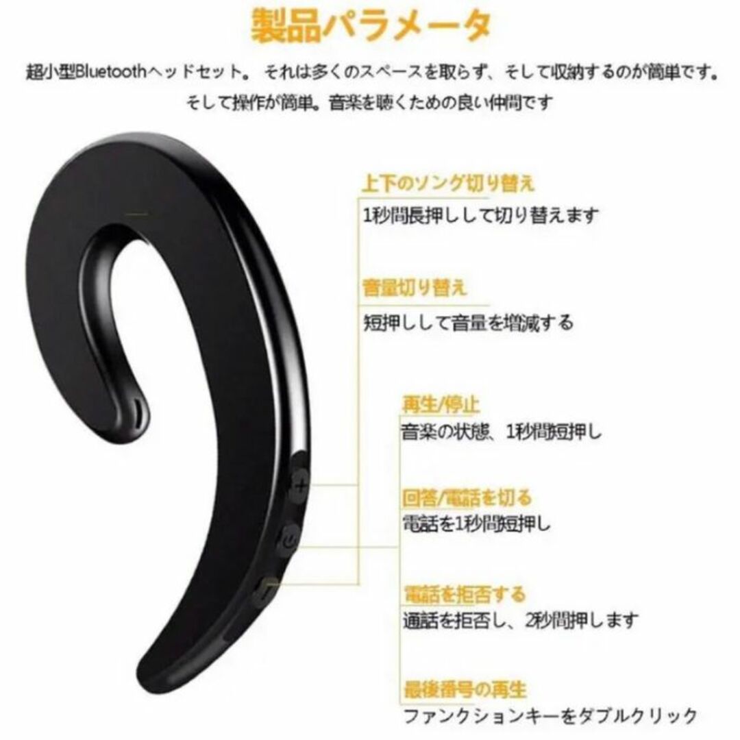 耳かけ用　ワイヤレス・ブルートゥースイヤホン：ブラック スマホ/家電/カメラのオーディオ機器(ヘッドフォン/イヤフォン)の商品写真