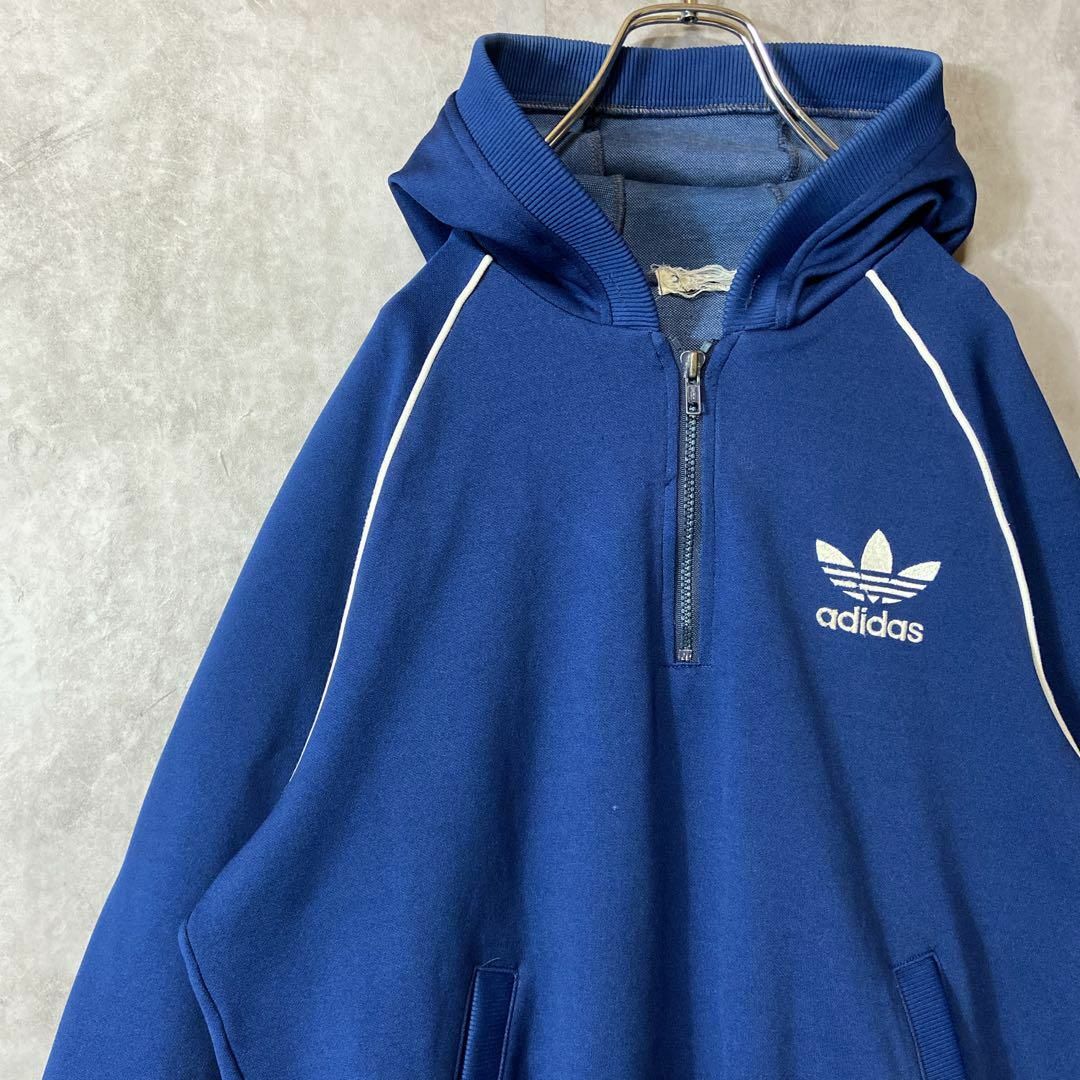 デサント製、ハーフジップ◎】adidasワンポイント刺繍ロゴ古着90s紺長袖-