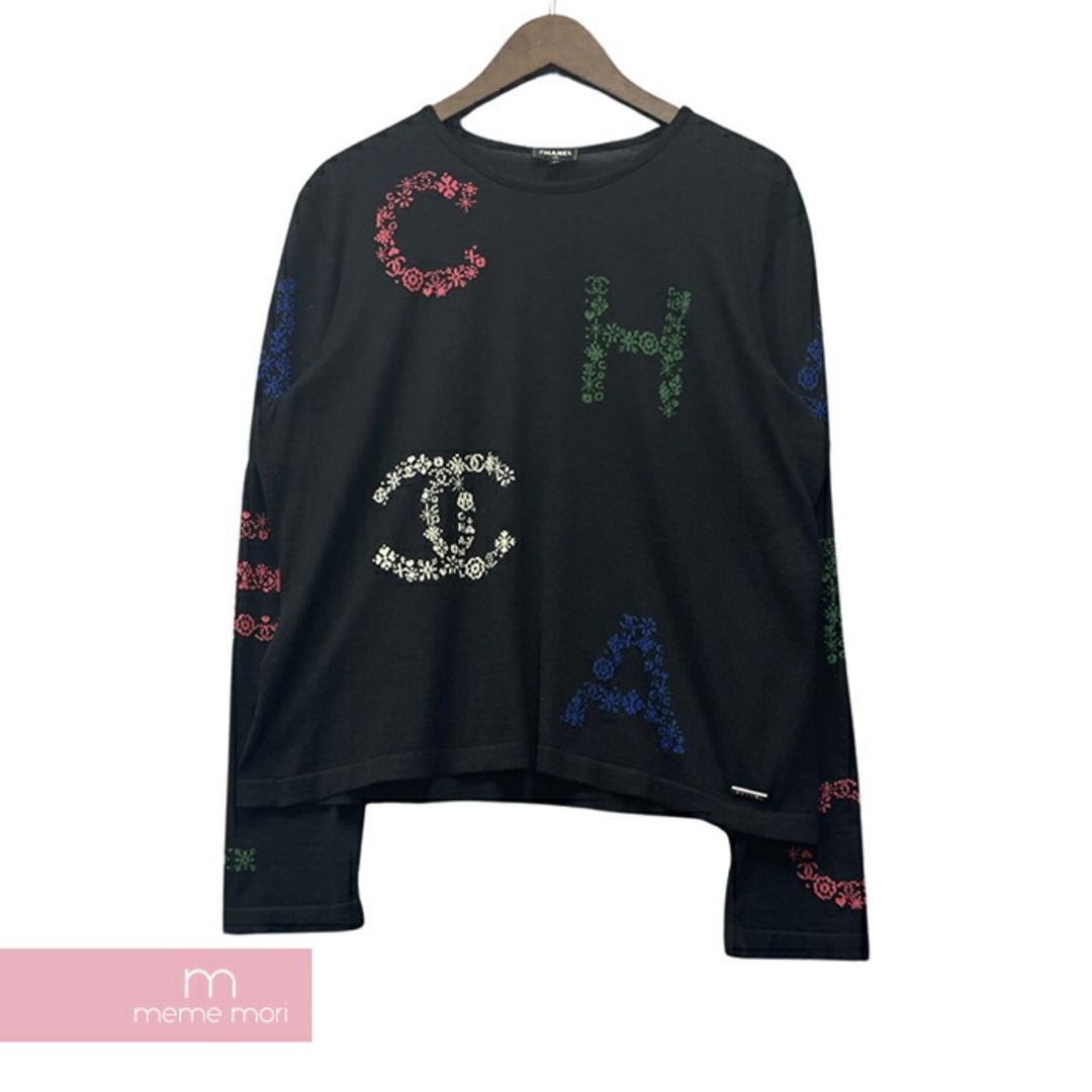 CHANEL(シャネル)のCHANEL Cashmere Docking Turtle Neck Pullover P70786K10215 シャネル カシミヤドッキングタートルネックプルオーバー ニット セーター シルク混 シースルー 総柄ロゴ刺繍 メタルロゴ装飾 ブラック×マルチカラー サイズ50【231127】【中古-A】【me04】 メンズのトップス(ニット/セーター)の商品写真