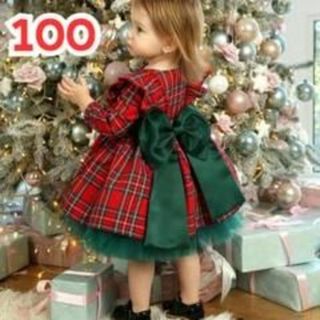 タータンチェック柄ビッグリボンワンピース100クリスマスサンタ女の子姉妹お揃い_(ワンピース)