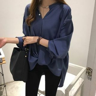 ゆったり レディース 濃紺 ネイビーふんわり 体型カバー キーネック2XL(シャツ/ブラウス(長袖/七分))