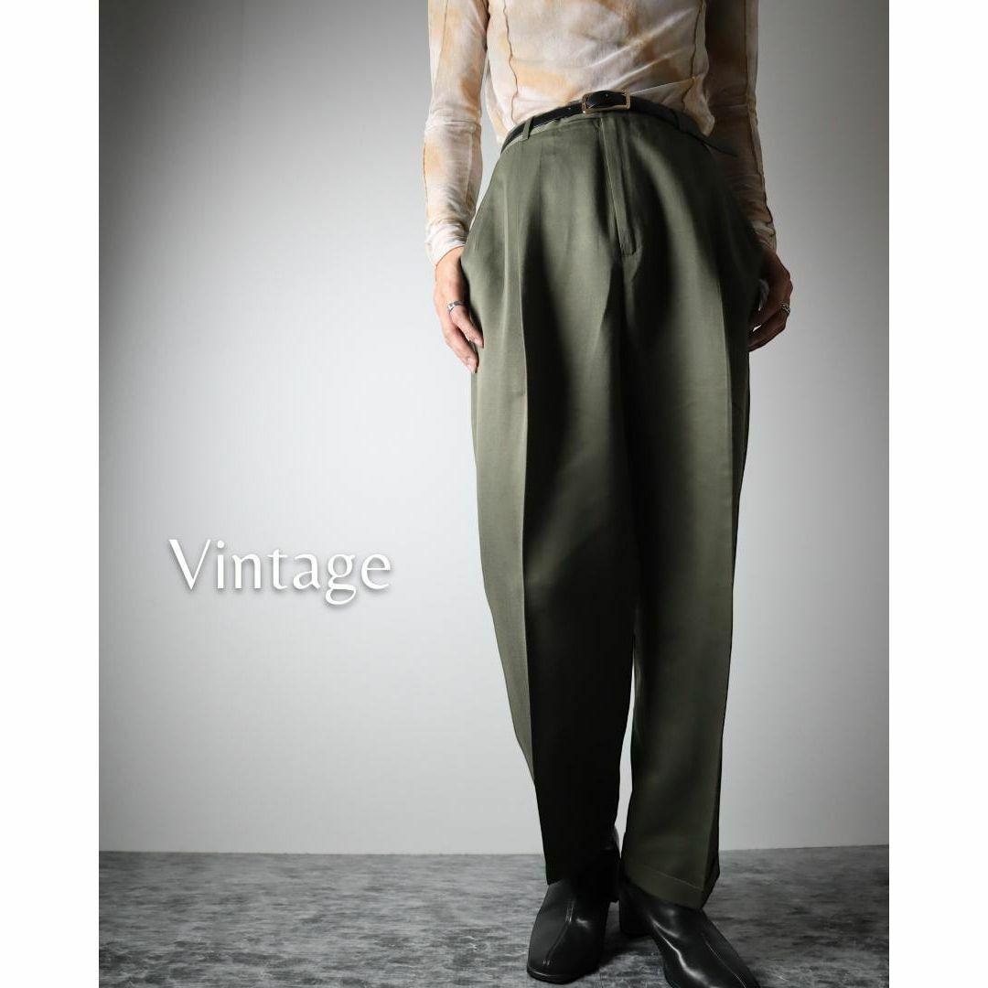 ART VINTAGE(アートヴィンテージ)の【vintage】3タック ワイド スラックス 光沢 カーキ レトロ W32 メンズのパンツ(スラックス)の商品写真