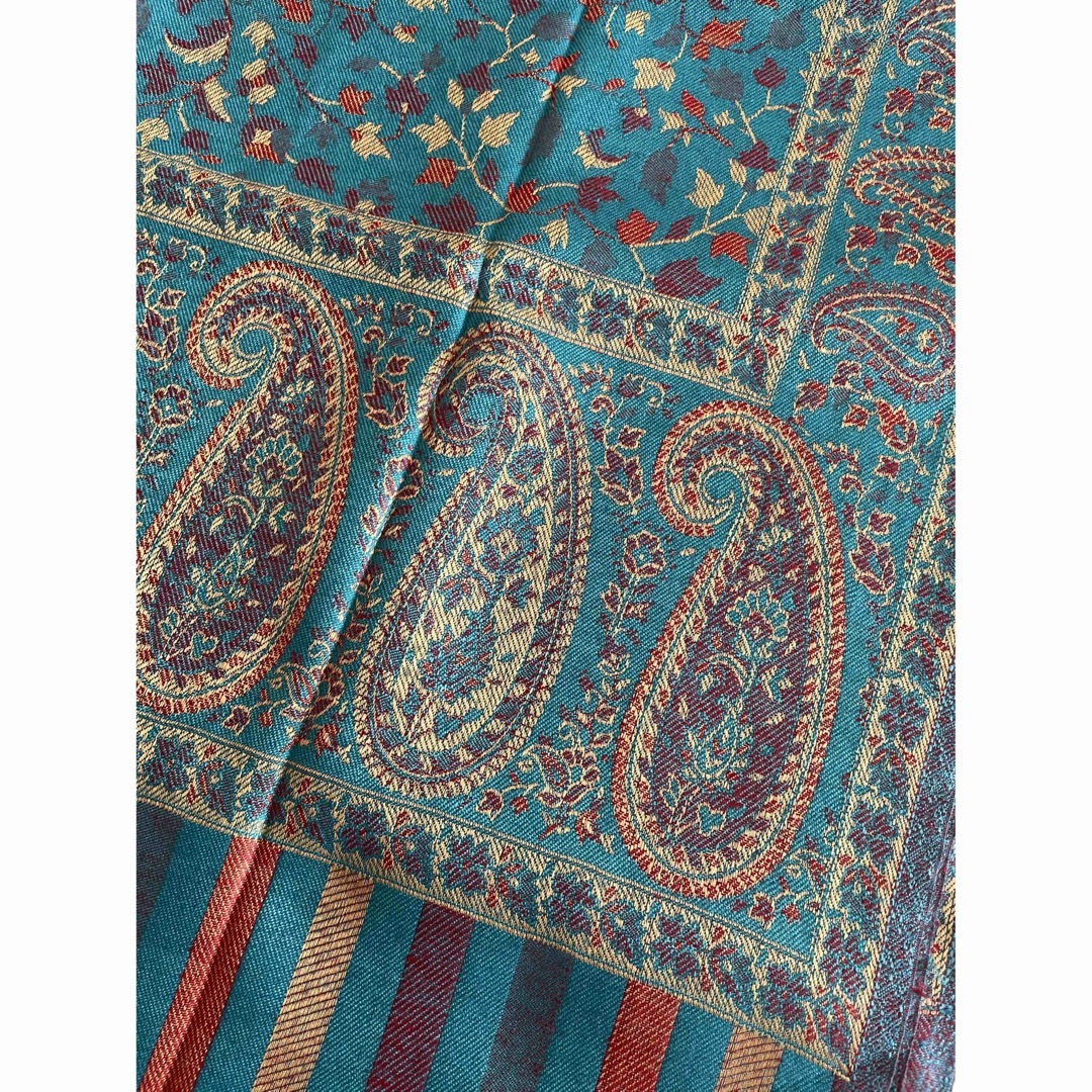 インド製　ウール　ジャカード織　大判ショール　ターコイズ レディースのファッション小物(マフラー/ショール)の商品写真