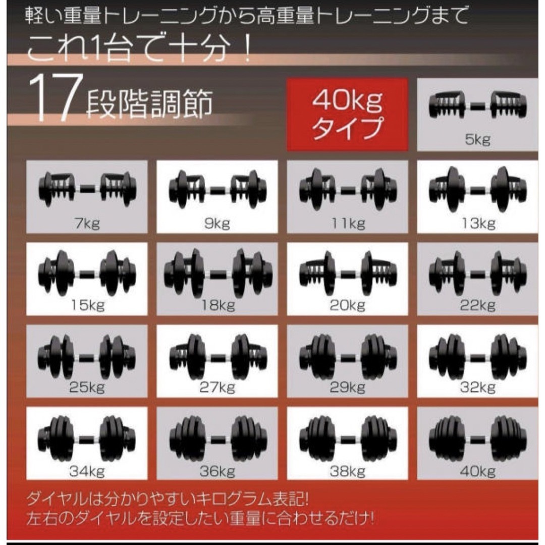 最安値　ダンベル 40kg 2個セット可変式 鉄アレイ アジャスタブルウエイト スポーツ/アウトドアのトレーニング/エクササイズ(トレーニング用品)の商品写真