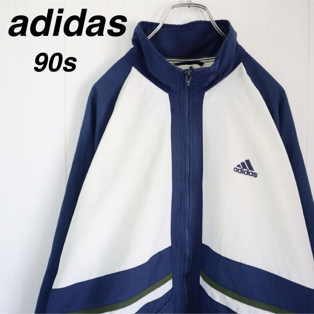 【90s】アディダス／ナイロンジャケット　刺繍ロゴ　ビッグサイズ　万国旗タグ　青のサムネイル