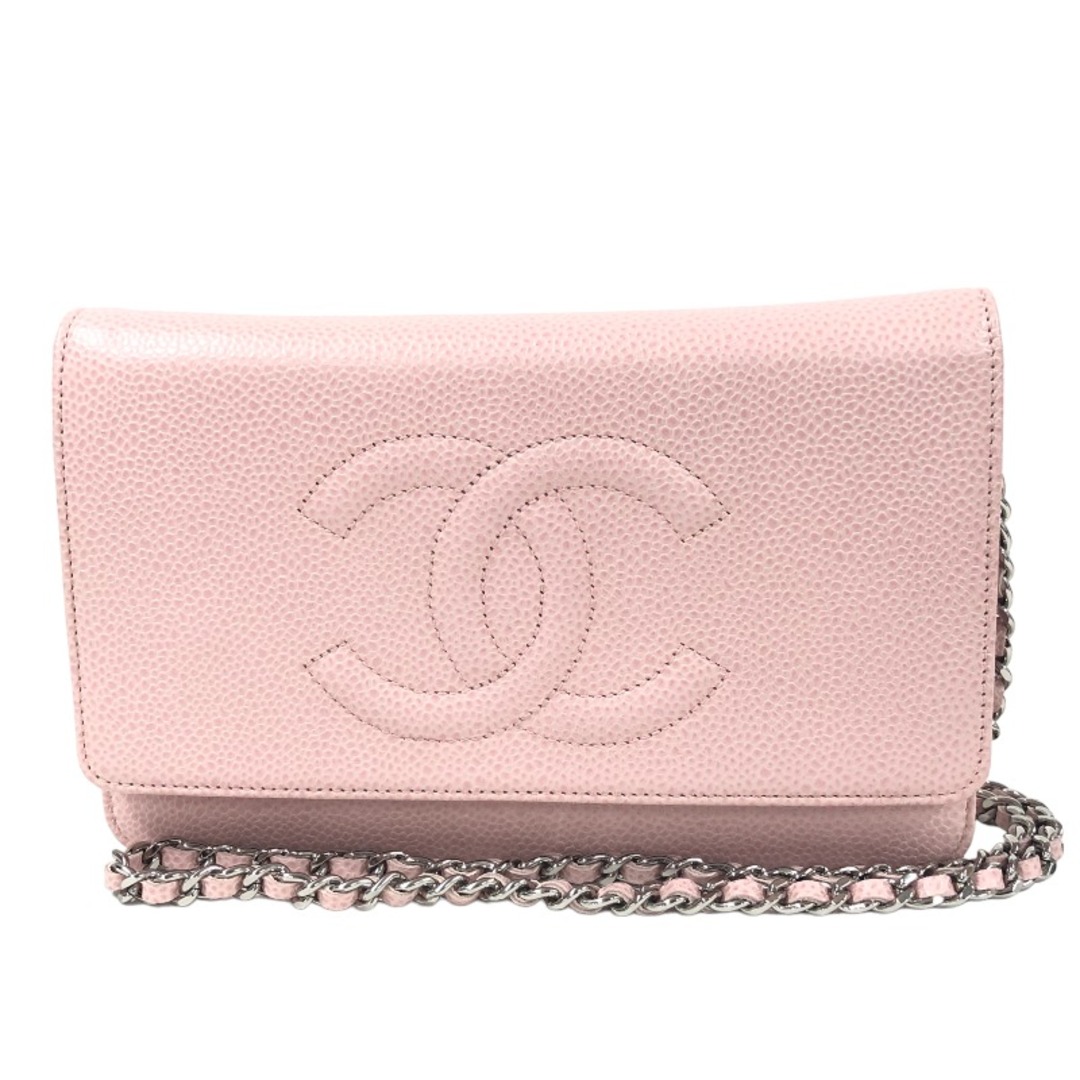 シャネル CHANEL チェーンウォレット A48654 16番台 ピンク シルバー金具 キャビアスキン レディース ショルダーバッグスナップボタン内側