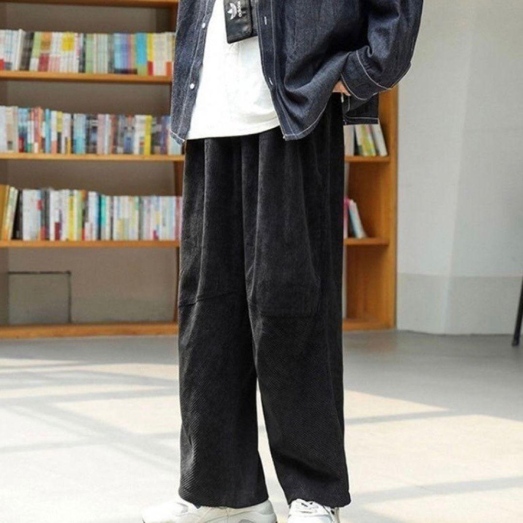 コーデュロイ　ワイド　パンツ　ストリート　カジュアル　ブラック　2XL メンズのパンツ(その他)の商品写真