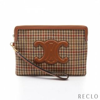 セリーヌ(celine)のSMALL POUCH WITH STRAP トリオンフ クラッチバッグ チェック ファブリック レザー ベージュ ブラウン(クラッチバッグ)