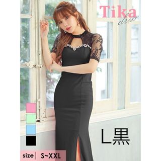 Tika 袖ありロングタイトドレス L黒(ロングドレス)