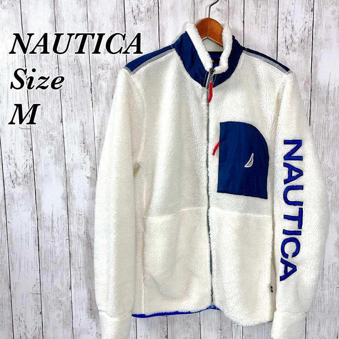 NAUTICA - ノーティカ 白ホワイト フリースジャケット 腕ロゴ サイズM