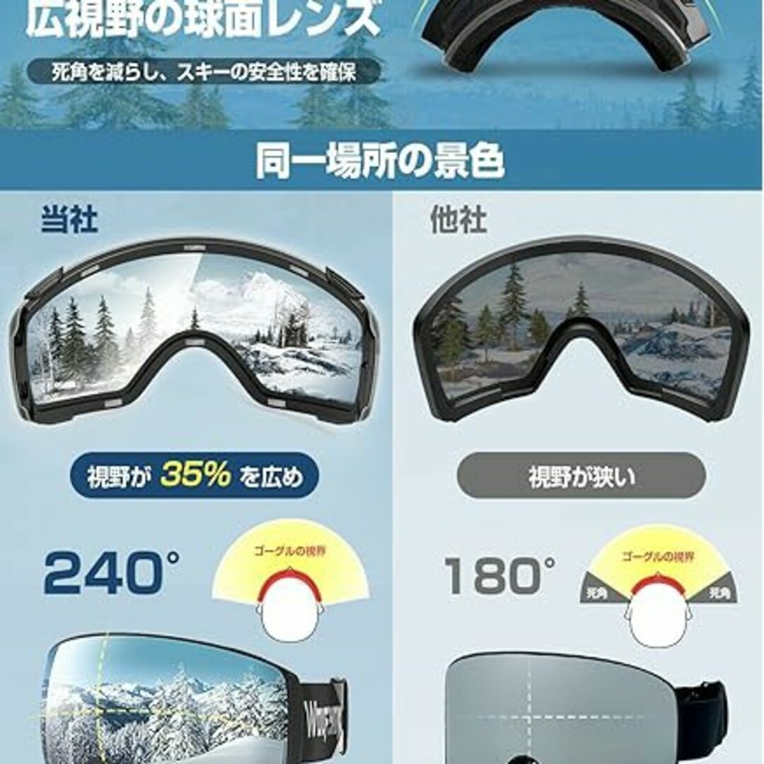 スキーゴーグル 両層磁気レンズ レンズ着脱可 UV紫外線カットメガネ対応 曇り止 スポーツ/アウトドアのスキー(その他)の商品写真