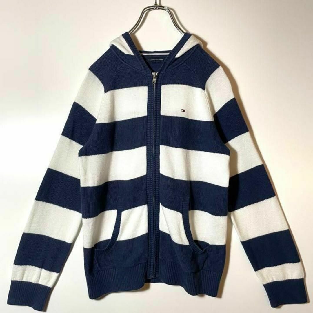 TOMMY HILFIGER(トミーヒルフィガー)の【アメリカ古着❗️】トミー　青白太ボーダー　ニットフルジップパーカー高品質超美品 レディースのトップス(ニット/セーター)の商品写真